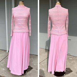 Vintage 1970s Pink Sleeved Mesh Top Formal Maxi Gown Dress Costume - M